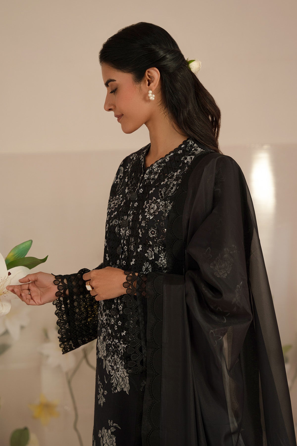 Afrozeh Floral Charm 25 Lupine – Black Pakistani Dress with intricate embroidery and embellishments. Shop elegant Asian dresses at Maria Faisal.