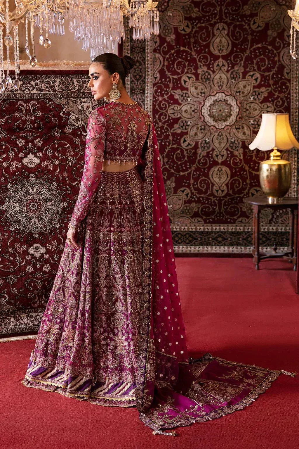 Afrozeh Hayat Wedding Formals 23 Abir– Magenta Pakistani Dress with intricate embroidery and embellishments. Shop elegant Asian dresses at Maria Faisal.
