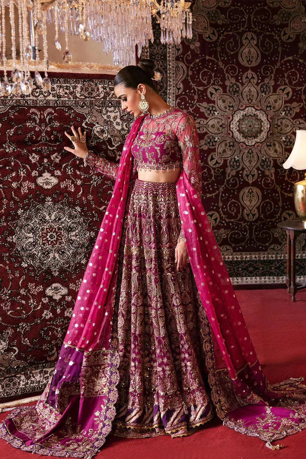 Afrozeh Hayat Wedding Formals 23 Abir– Magenta Pakistani Dress with intricate embroidery and embellishments. Shop elegant Asian dresses at Maria Faisal.