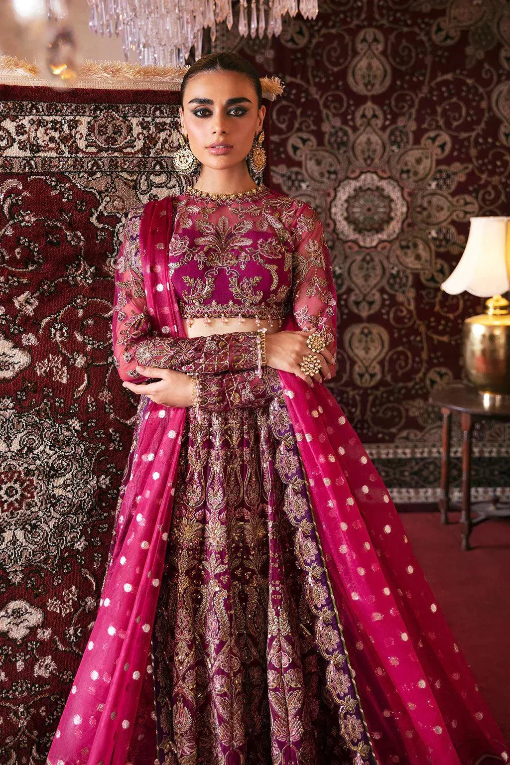 Afrozeh Hayat Wedding Formals 23 Abir– Magenta Pakistani Dress with intricate embroidery and embellishments. Shop elegant Asian dresses at Maria Faisal.