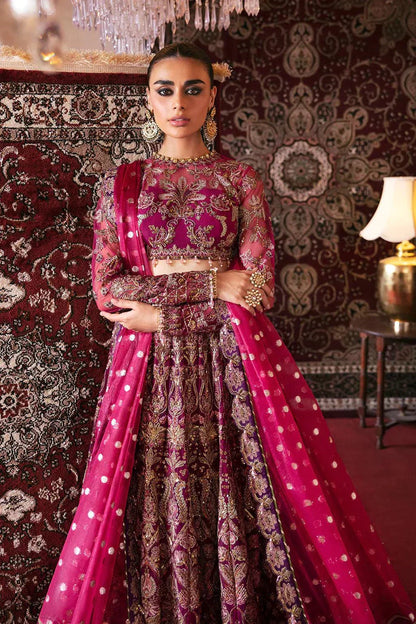 Afrozeh Hayat Wedding Formals 23 Abir– Magenta Pakistani Dress with intricate embroidery and embellishments. Shop elegant Asian dresses at Maria Faisal.