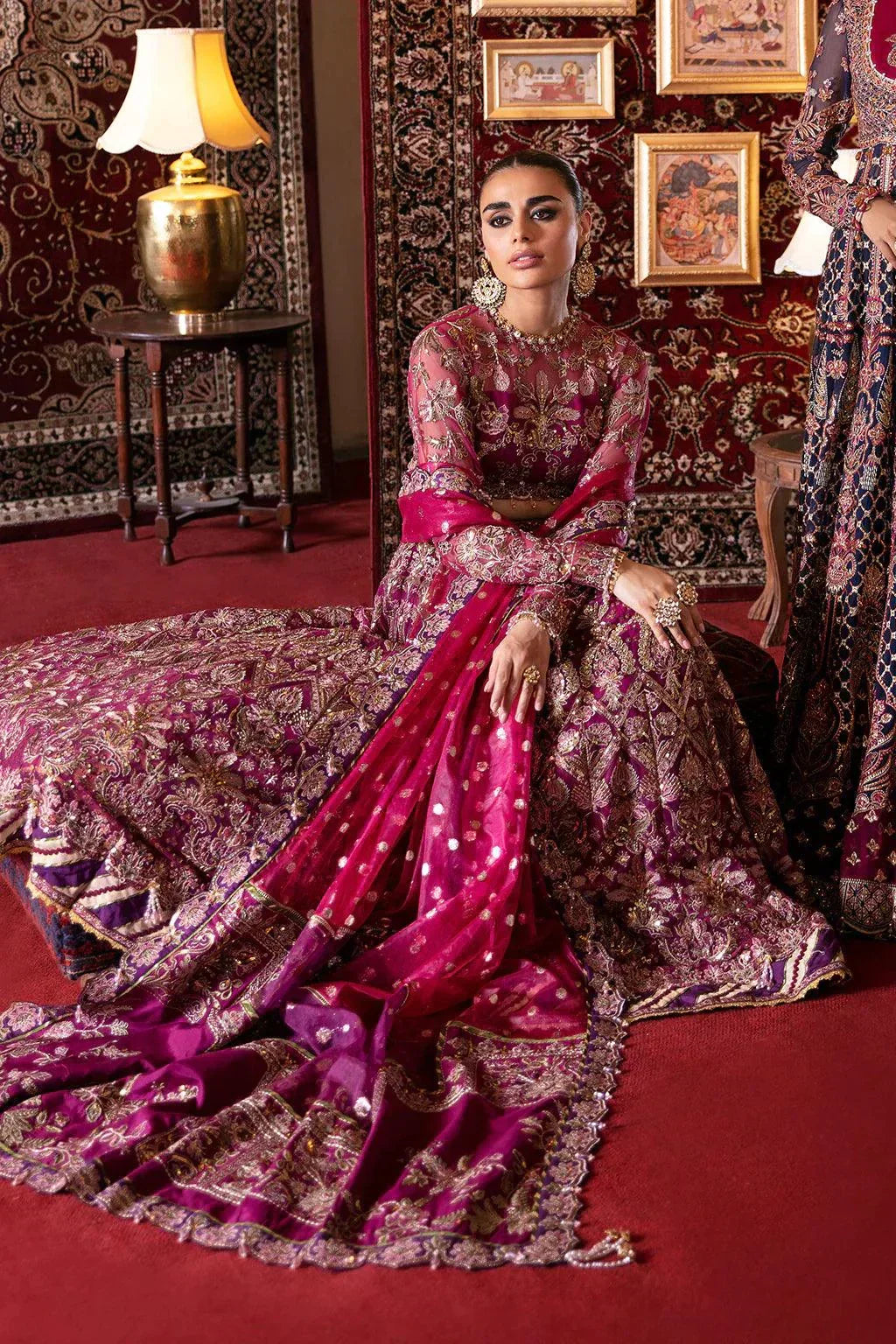 Afrozeh Hayat Wedding Formals 23 Abir– Magenta Pakistani Dress with intricate embroidery and embellishments. Shop elegant Asian dresses at Maria Faisal.