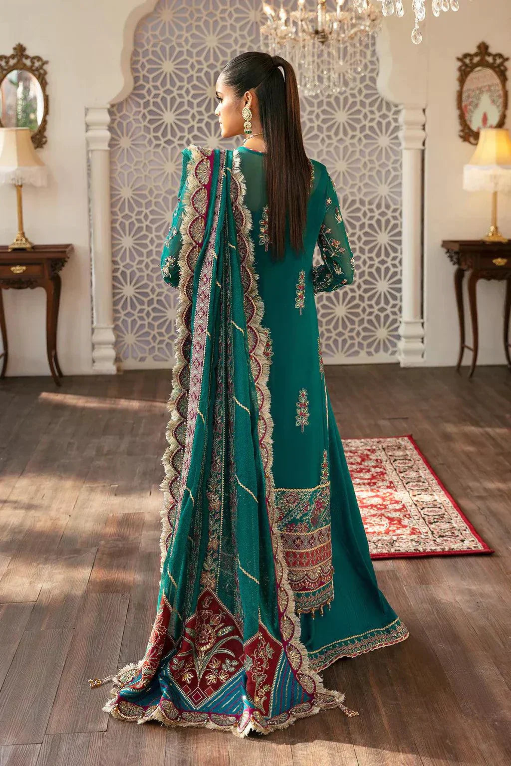 Afrozeh Hayat Wedding Formals 23 Ayat– Green Pakistani Dress with intricate embroidery and embellishments. Shop elegant Asian dresses at Maria Faisal.