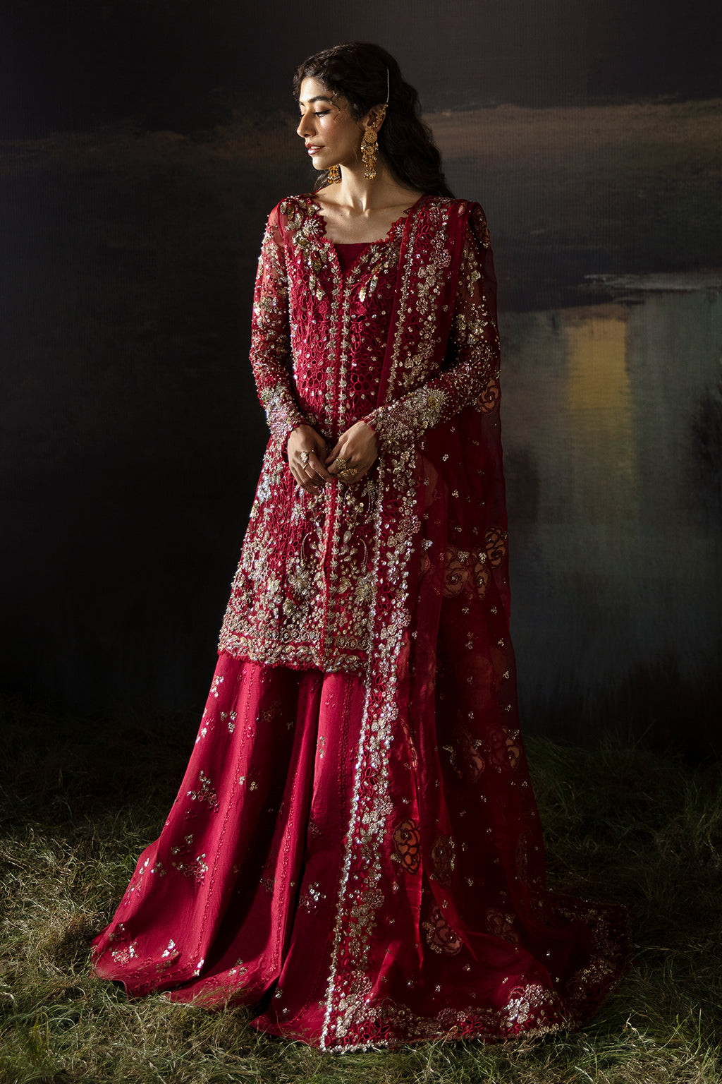 Afrozeh Hayat Wedding Formals 24 Abeer – Maroon Pakistani Bridal Dress with intricate embroidery and embellishments. Shop elegant Asian dresses at Maria Faisal.