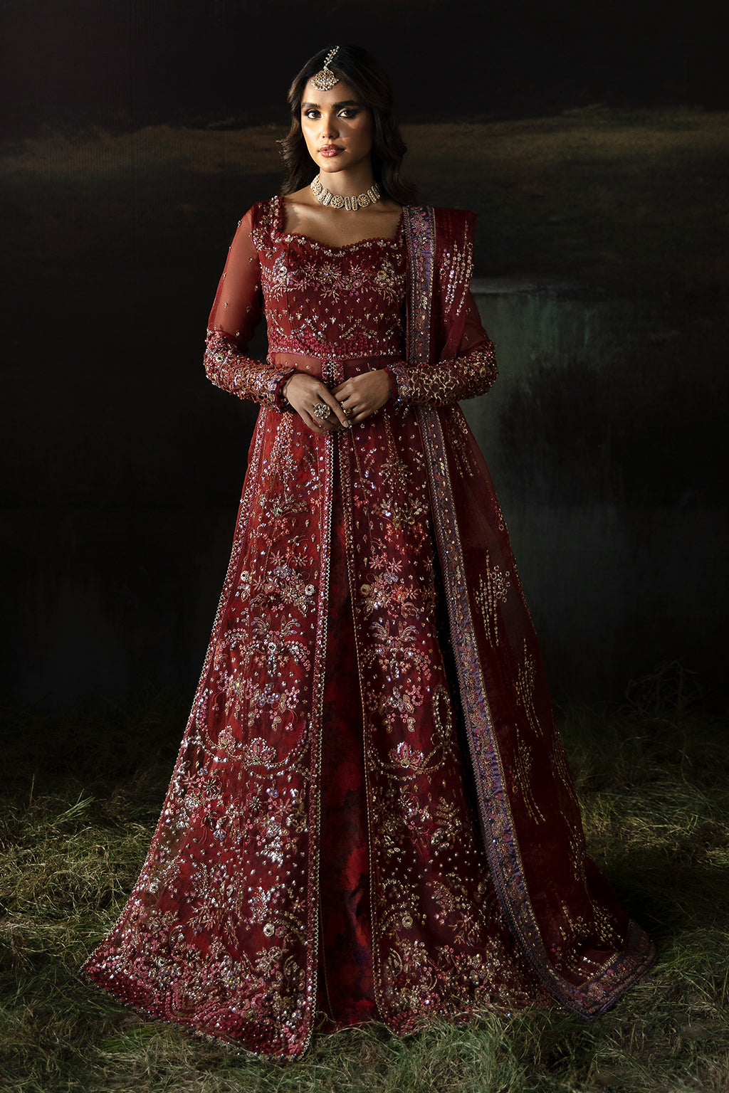 Afrozeh Hayat Wedding Formals 24 Anaya – Rust Pakistani Bridal Dress with intricate embroidery and embellishments. Shop elegant Asian dresses at Maria Faisal.