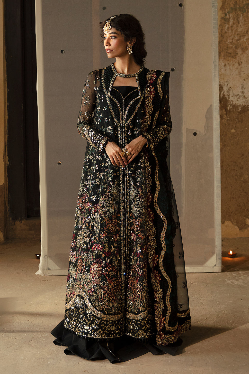 Afrozeh Hayat Wedding Formals 24 Meera – Black Pakistani Bridal Dress with intricate embroidery and embellishments. Shop elegant Asian dresses at Maria Faisal.