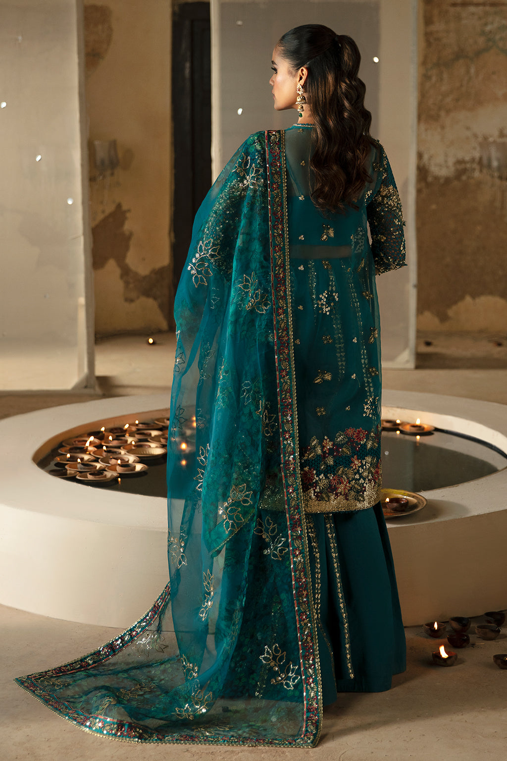 Afrozeh Hayat Wedding Formals 24 Meerub – Teal Green Pakistani Bridal Dress with intricate embroidery and embellishments. Shop elegant Asian dresses at Maria Faisal.