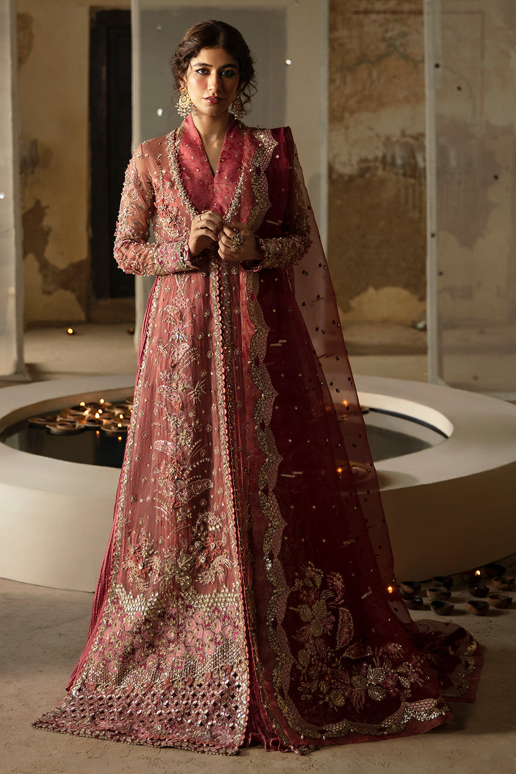 Afrozeh Hayat Wedding Formals 24 Mehreen – Peach Pakistani Bridal Dress with intricate embroidery and embellishments. Shop elegant Asian dresses at Maria Faisal.