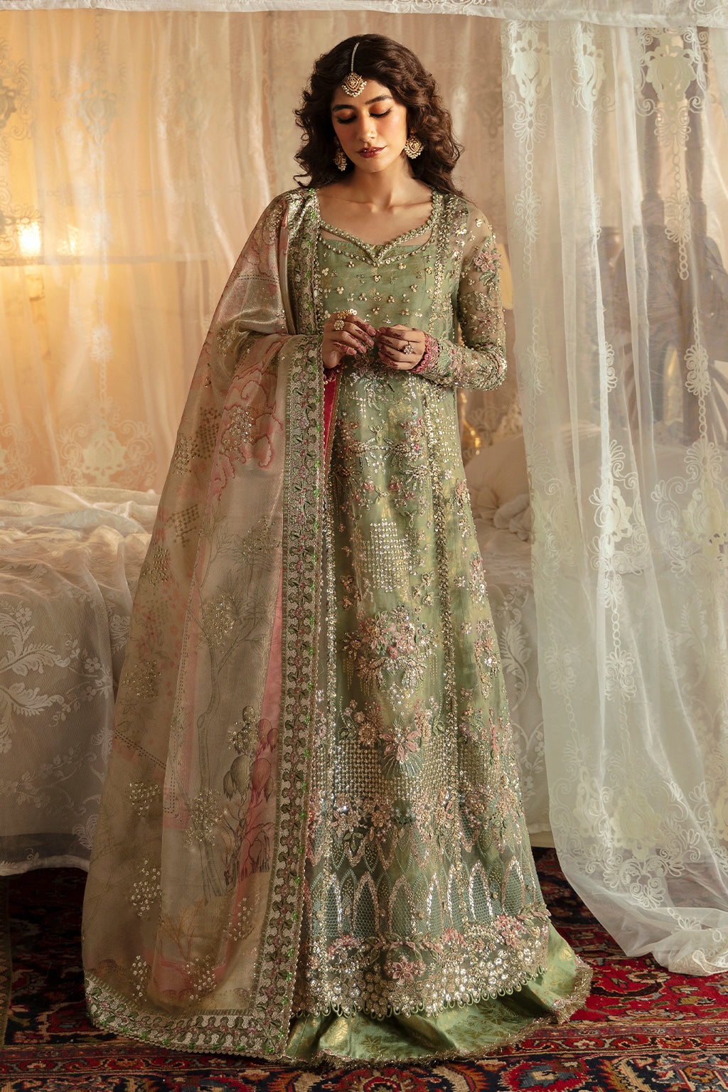 Afrozeh Hayat Wedding Formals 24 Shreya – Mint Pakistani Bridal Dress with intricate embroidery and embellishments. Shop elegant Asian dresses at Maria Faisal.
