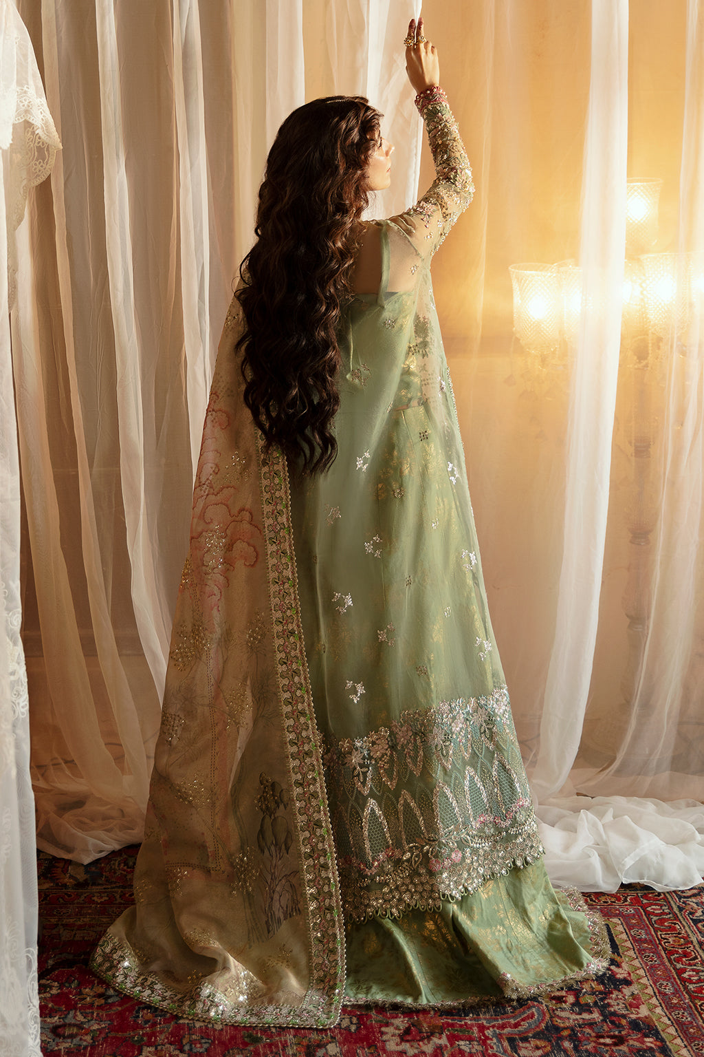Afrozeh Hayat Wedding Formals 24 Shreya – Mint Pakistani Bridal Dress with intricate embroidery and embellishments. Shop elegant Asian dresses at Maria Faisal.