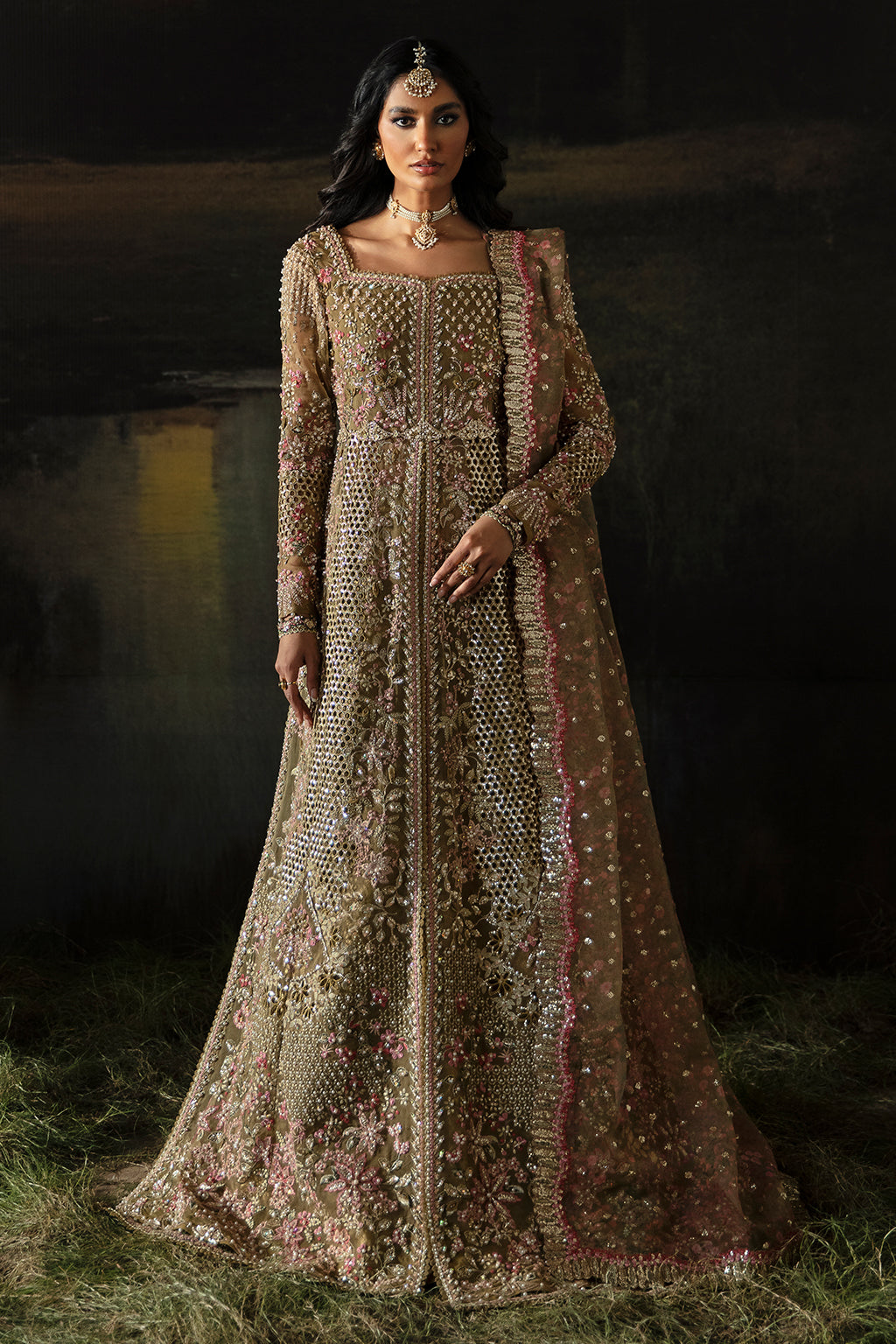 Afrozeh Hayat Wedding Formals 24 Suhana – Olive Pakistani Bridal Dress with intricate embroidery and embellishments. Shop elegant Asian dresses at Maria Faisal.