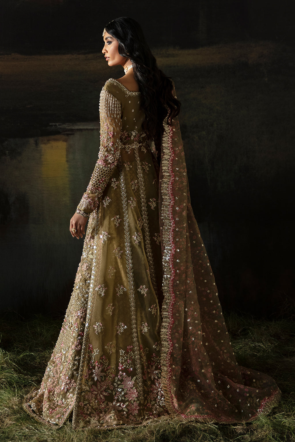Afrozeh Hayat Wedding Formals 24 Suhana – Olive Pakistani Bridal Dress with intricate embroidery and embellishments. Shop elegant Asian dresses at Maria Faisal.