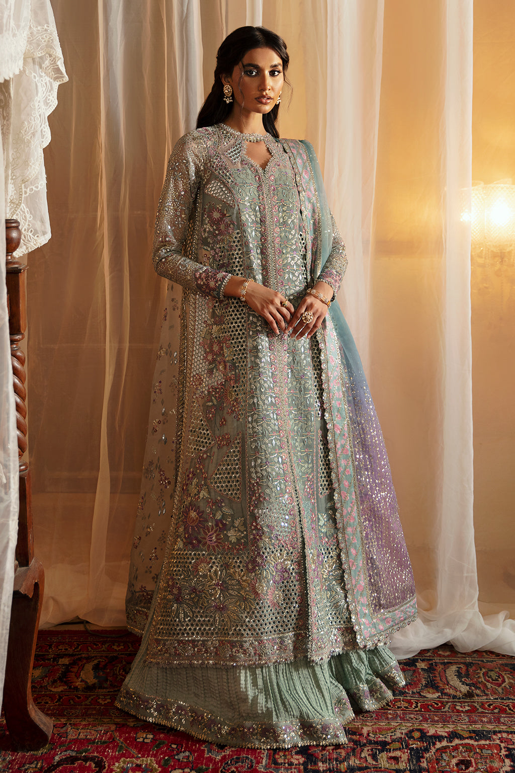 Afrozeh Hayat Wedding Formals 24 Tara – Crystal Grey Pakistani Bridal Dress with intricate embroidery and embellishments. Shop elegant Asian dresses at Maria Faisal.