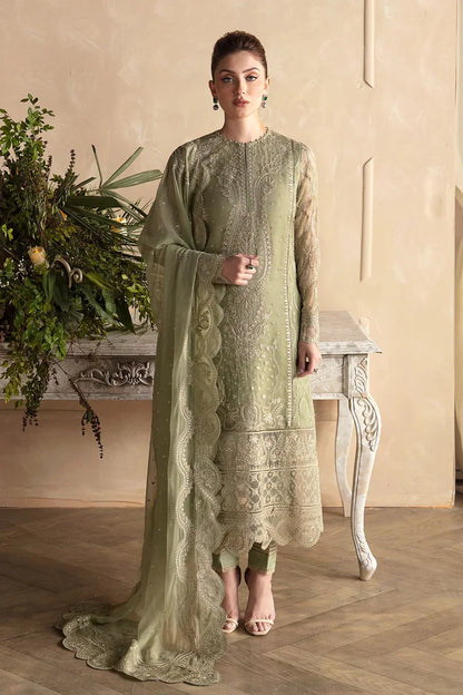 Afrozeh La Fuchsia 24 Cassia – Apple Green Pakistani Dress with intricate embroidery and embellishments. Shop elegant Asian dresses at Maria Faisal.