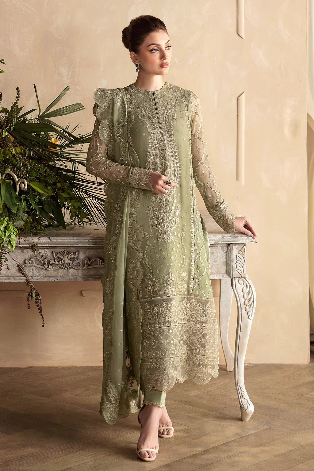 Afrozeh La Fuchsia 24 Cassia – Apple Green Pakistani Dress with intricate embroidery and embellishments. Shop elegant Asian dresses at Maria Faisal.