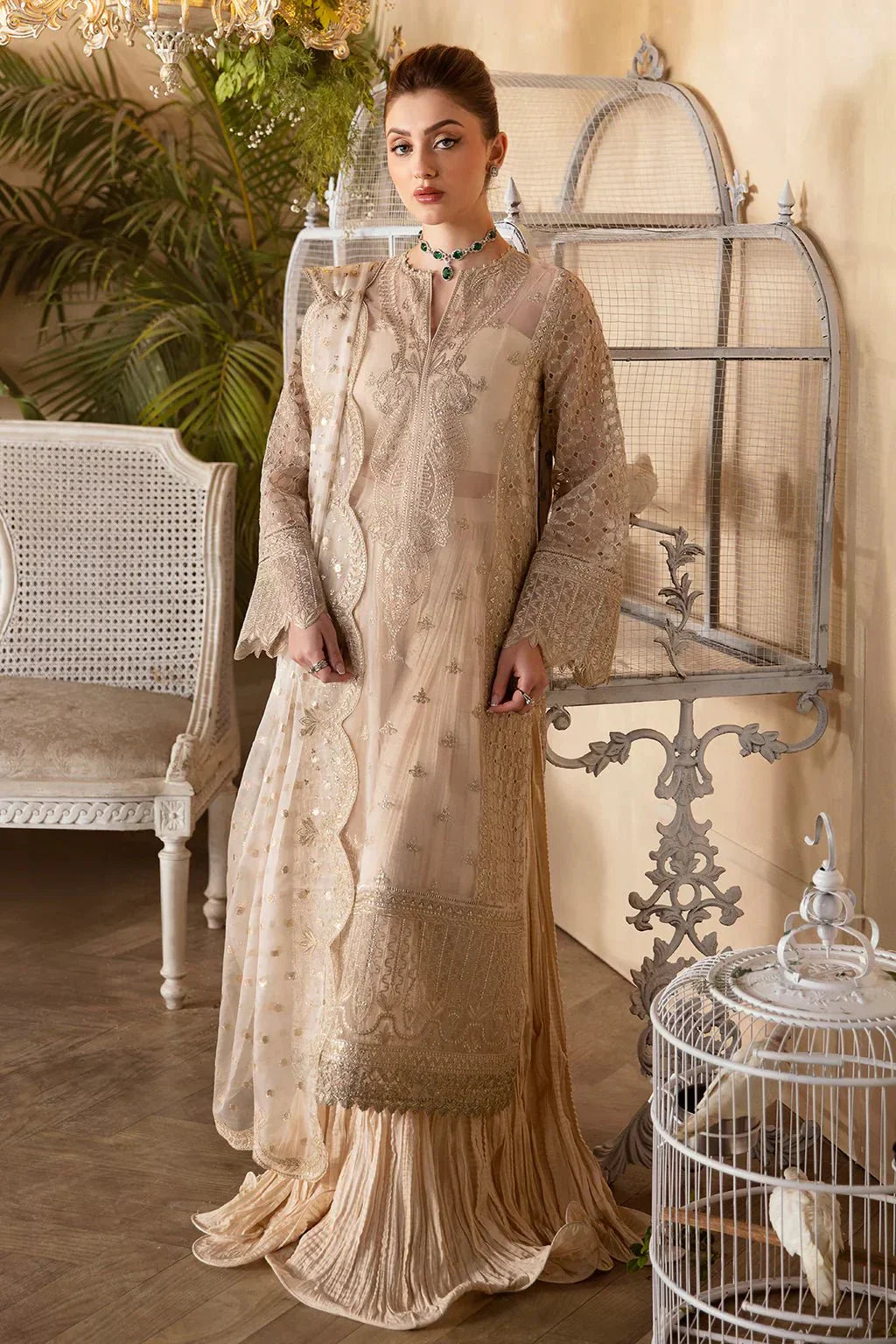 Afrozeh La Fuchsia 24 Daisy – Off White Pakistani Dress with intricate embroidery and embellishments. Shop elegant Asian dresses at Maria Faisal.