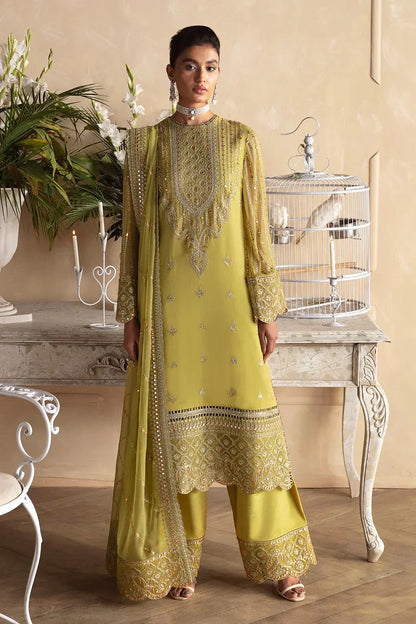 Afrozeh La Fuchsia 24 Diora – Lime Green Pakistani Dress with intricate embroidery and embellishments. Shop elegant Asian dresses at Maria Faisal.