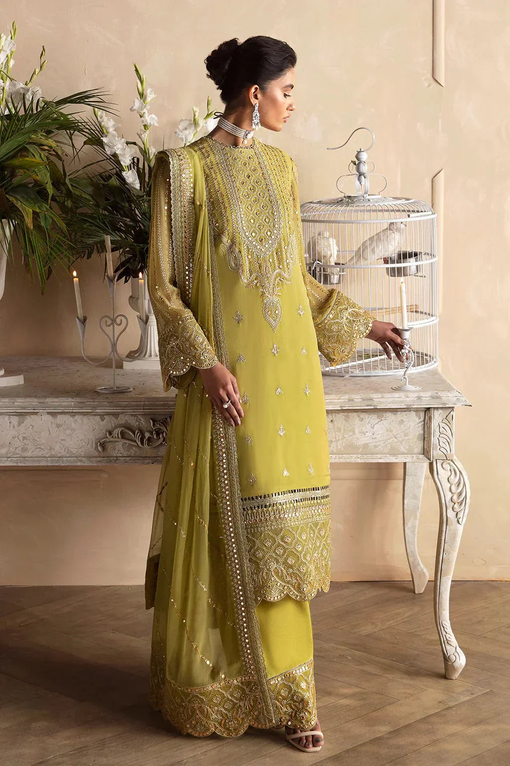 Afrozeh La Fuchsia 24 Diora – Lime Green Pakistani Dress with intricate embroidery and embellishments. Shop elegant Asian dresses at Maria Faisal.