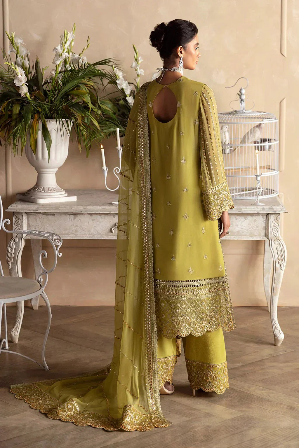Afrozeh La Fuchsia 24 Diora – Lime Green Pakistani Dress with intricate embroidery and embellishments. Shop elegant Asian dresses at Maria Faisal.
