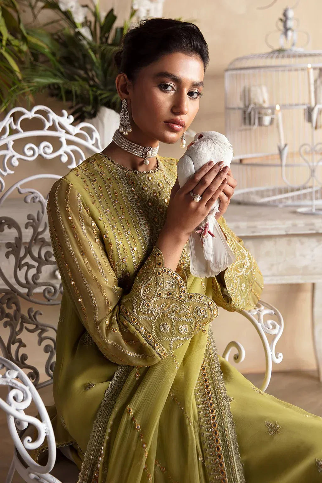 Afrozeh La Fuchsia 24 Diora – Lime Green Pakistani Dress with intricate embroidery and embellishments. Shop elegant Asian dresses at Maria Faisal.