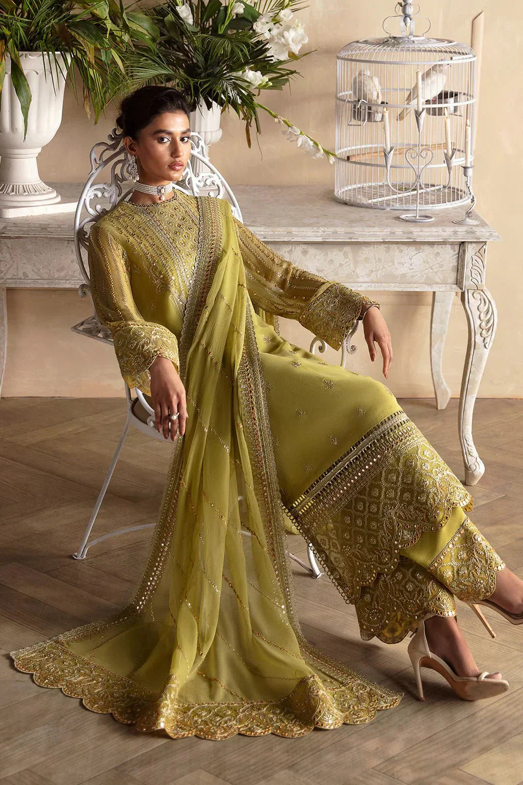 Afrozeh La Fuchsia 24 Diora – Lime Green Pakistani Dress with intricate embroidery and embellishments. Shop elegant Asian dresses at Maria Faisal.