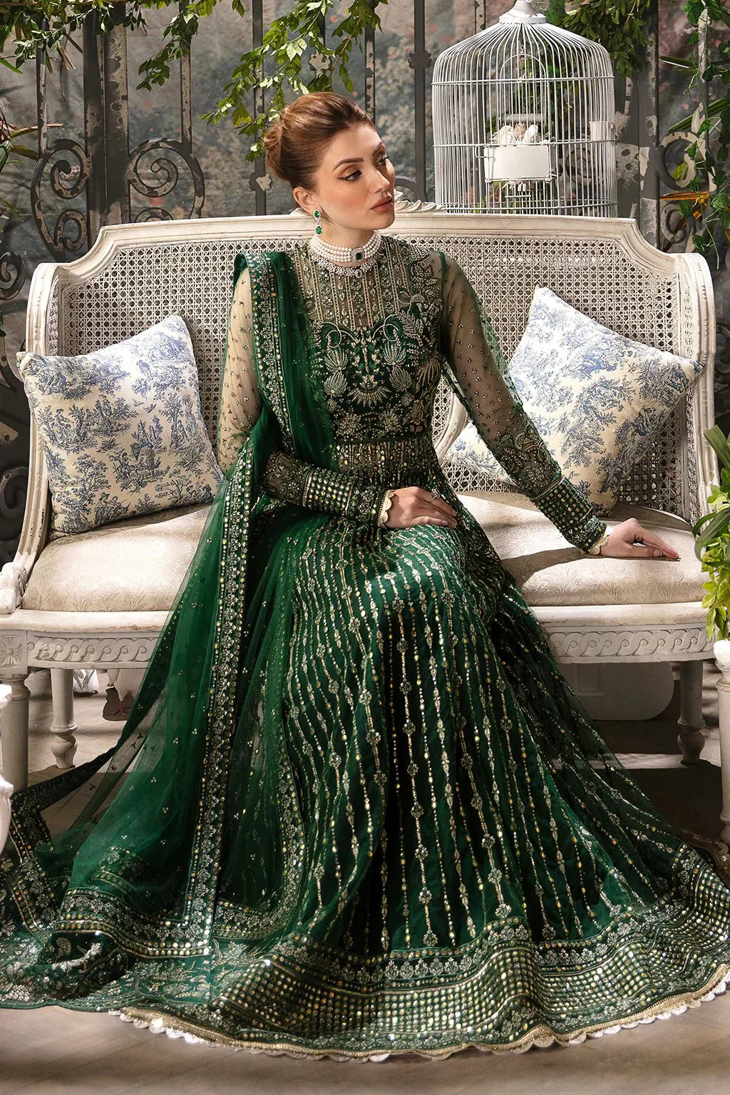 Afrozeh La Fuchsia 24 Fiora – Bottle Green Pakistani Dress with intricate embroidery and embellishments. Shop elegant Asian dresses at Maria Faisal.