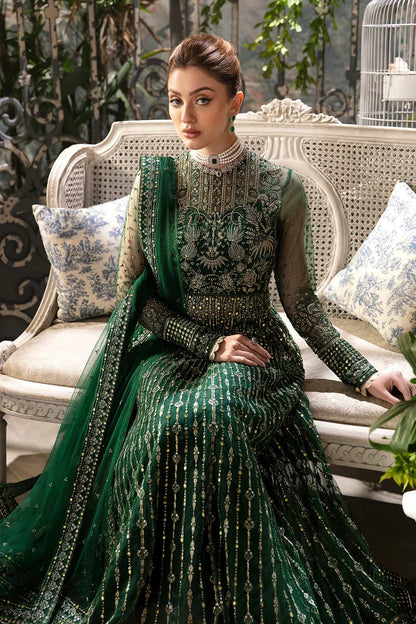 Afrozeh La Fuchsia 24 Fiora – Bottle Green Pakistani Dress with intricate embroidery and embellishments. Shop elegant Asian dresses at Maria Faisal.