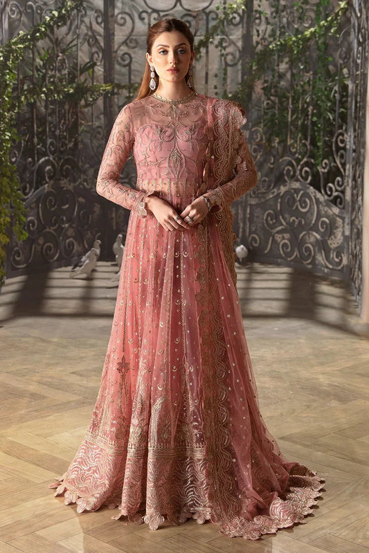 Afrozeh La Fuchsia 24 Rosa – Tea Pink Pakistani Dress with intricate embroidery and embellishments. Shop elegant Asian dresses at Maria Faisal.