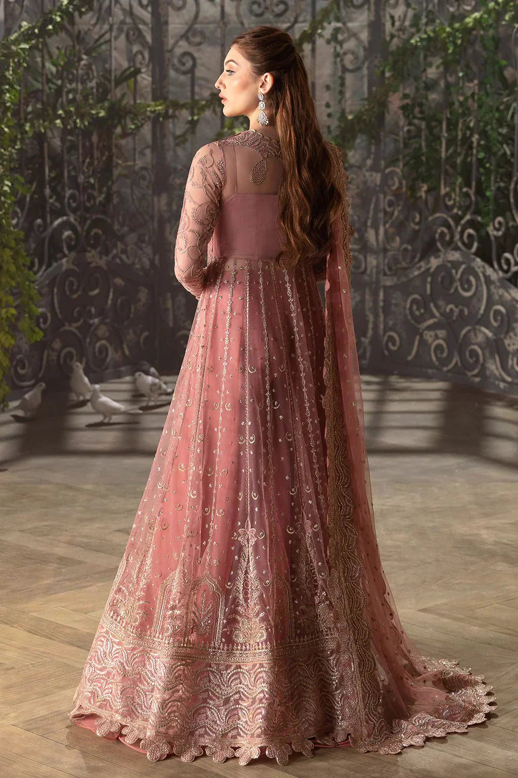 Afrozeh La Fuchsia 24 Rosa – Tea Pink Pakistani Dress with intricate embroidery and embellishments. Shop elegant Asian dresses at Maria Faisal.