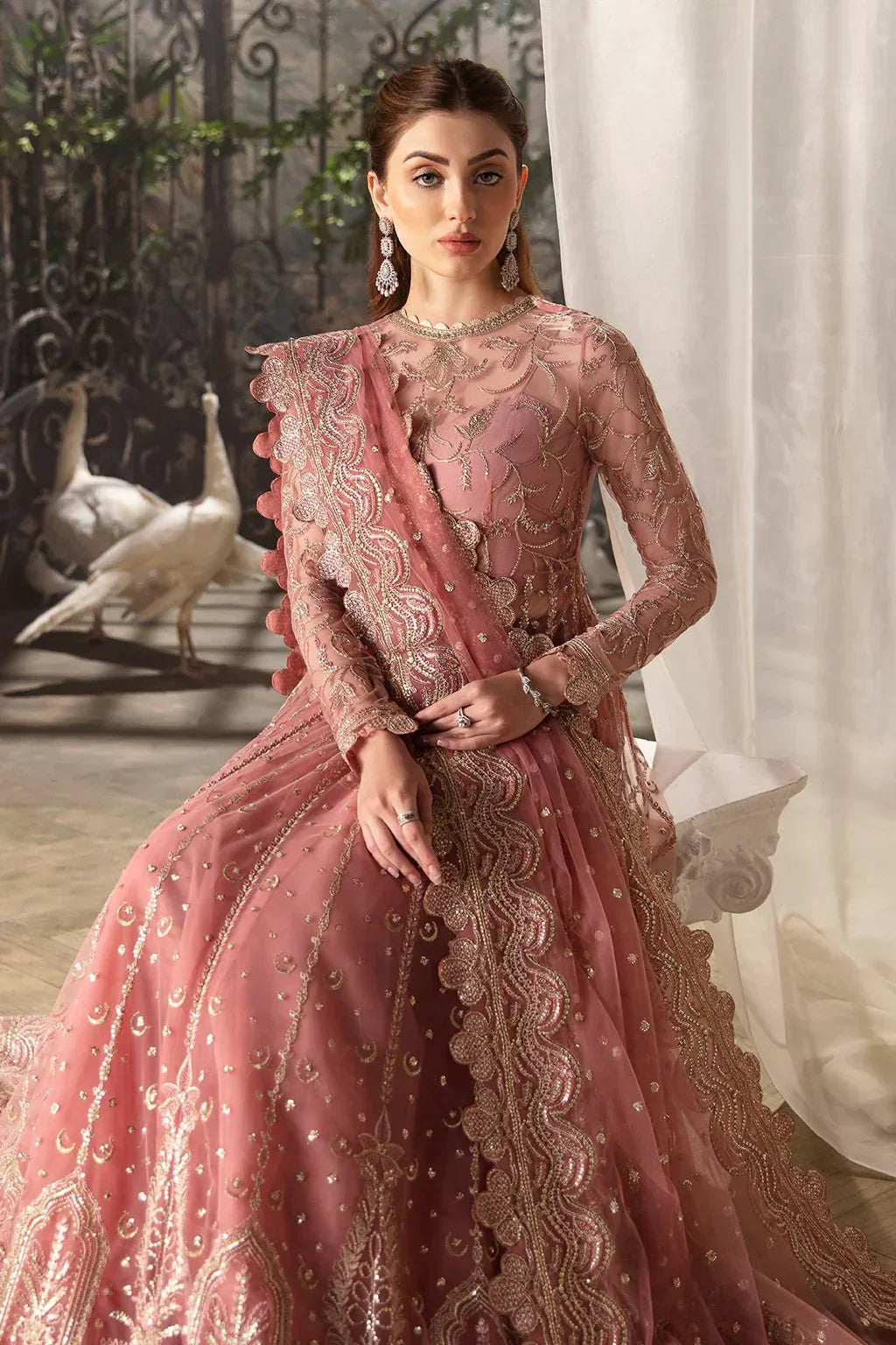 Afrozeh La Fuchsia 24 Rosa – Tea Pink Pakistani Dress with intricate embroidery and embellishments. Shop elegant Asian dresses at Maria Faisal.