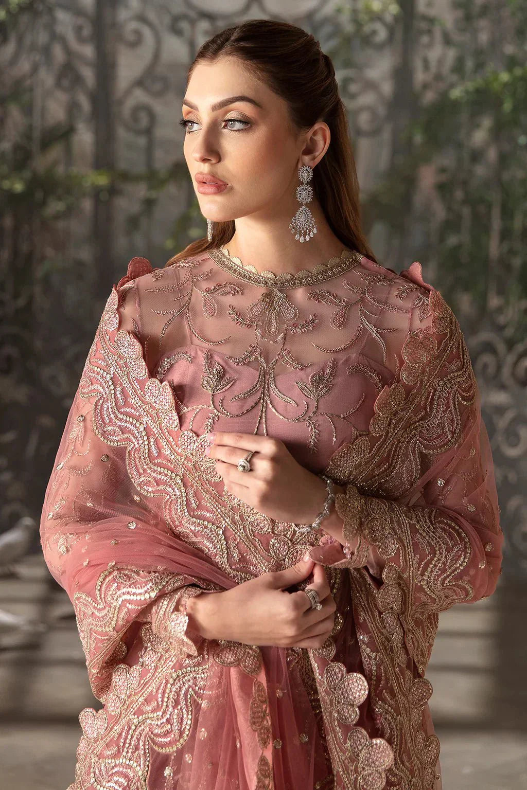 Afrozeh La Fuchsia 24 Rosa – Tea Pink Pakistani Dress with intricate embroidery and embellishments. Shop elegant Asian dresses at Maria Faisal.
