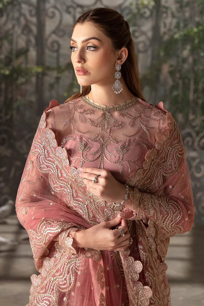 Afrozeh La Fuchsia 24 Rosa – Tea Pink Pakistani Dress with intricate embroidery and embellishments. Shop elegant Asian dresses at Maria Faisal.