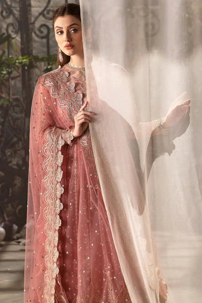 Afrozeh La Fuchsia 24 Rosa – Tea Pink Pakistani Dress with intricate embroidery and embellishments. Shop elegant Asian dresses at Maria Faisal.