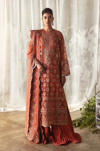 Afrozeh La Fuchsia 24 Sierra – Rust Pakistani Dress with intricate embroidery and embellishments. Shop elegant Asian dresses at Maria Faisal.