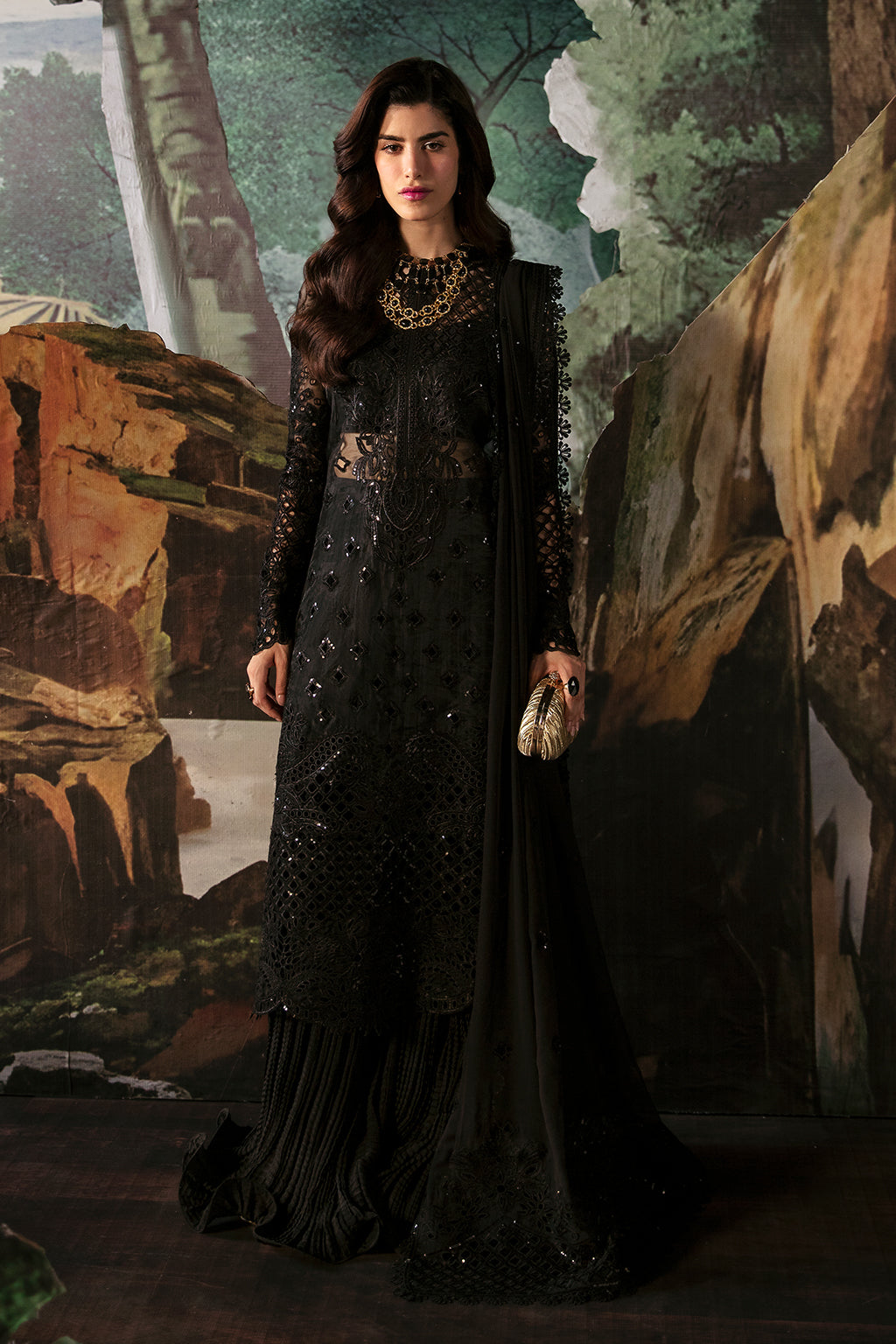 Afrozeh La Fuchsia Festive 24 Camilla - Black Pakistani Dress with intricate embroidery and embellishments. Shop elegant Asian dresses at Maria Faisal.