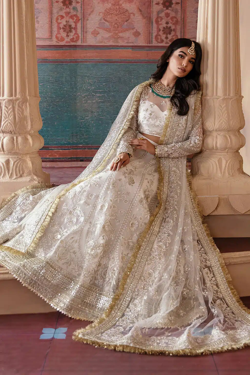 Afrozeh Hayat Wedding Formals 23 Khazina – Off White Pakistani Dress with intricate embroidery and embellishments. Shop elegant Asian dresses at Maria Faisal.
