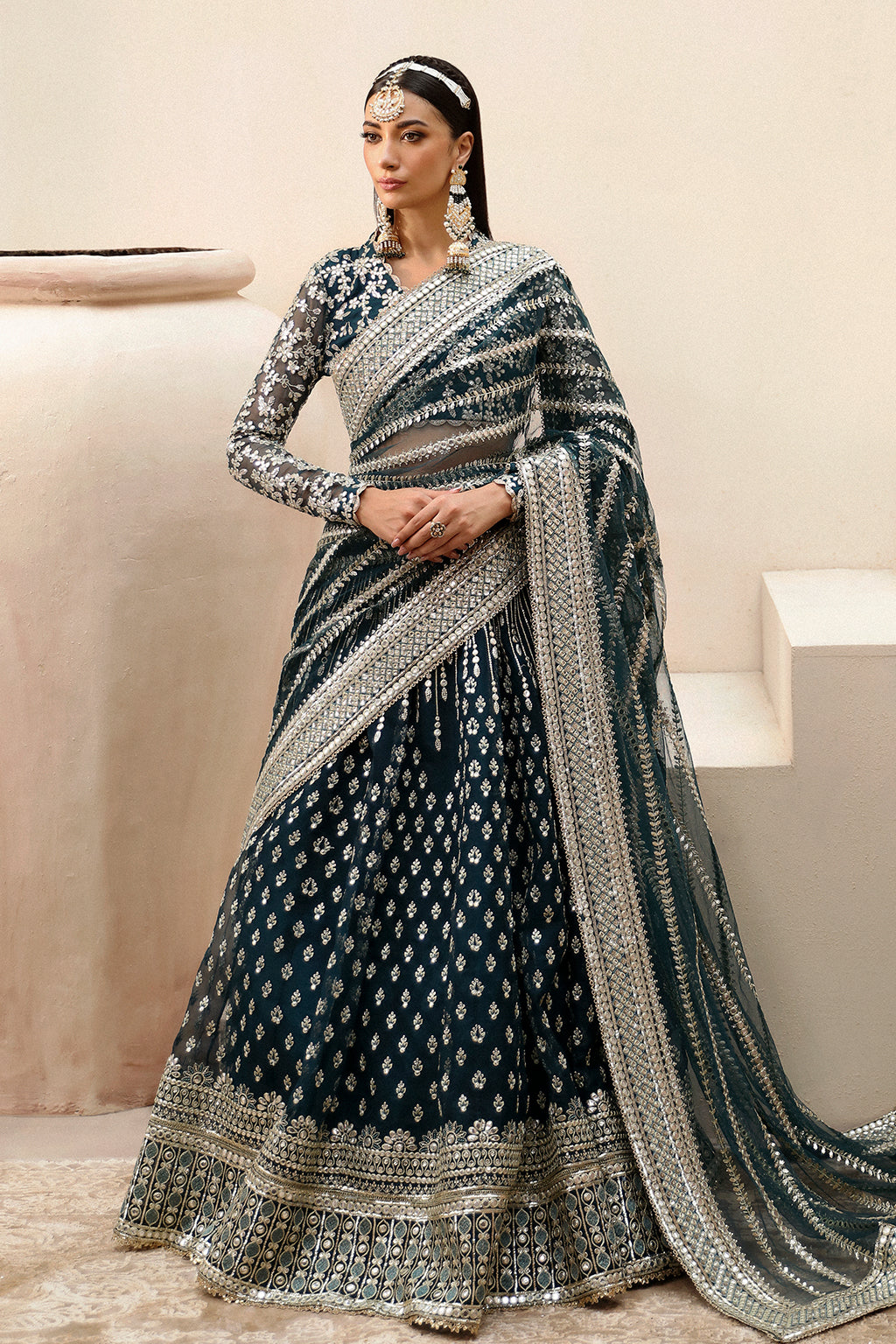 Afrozeh Shehnai Wedding Formals 24 - Teal Green Pakistani Dress with intricate embroidery and embellishments. Shop elegant Asian dresses at Maria Faisal.