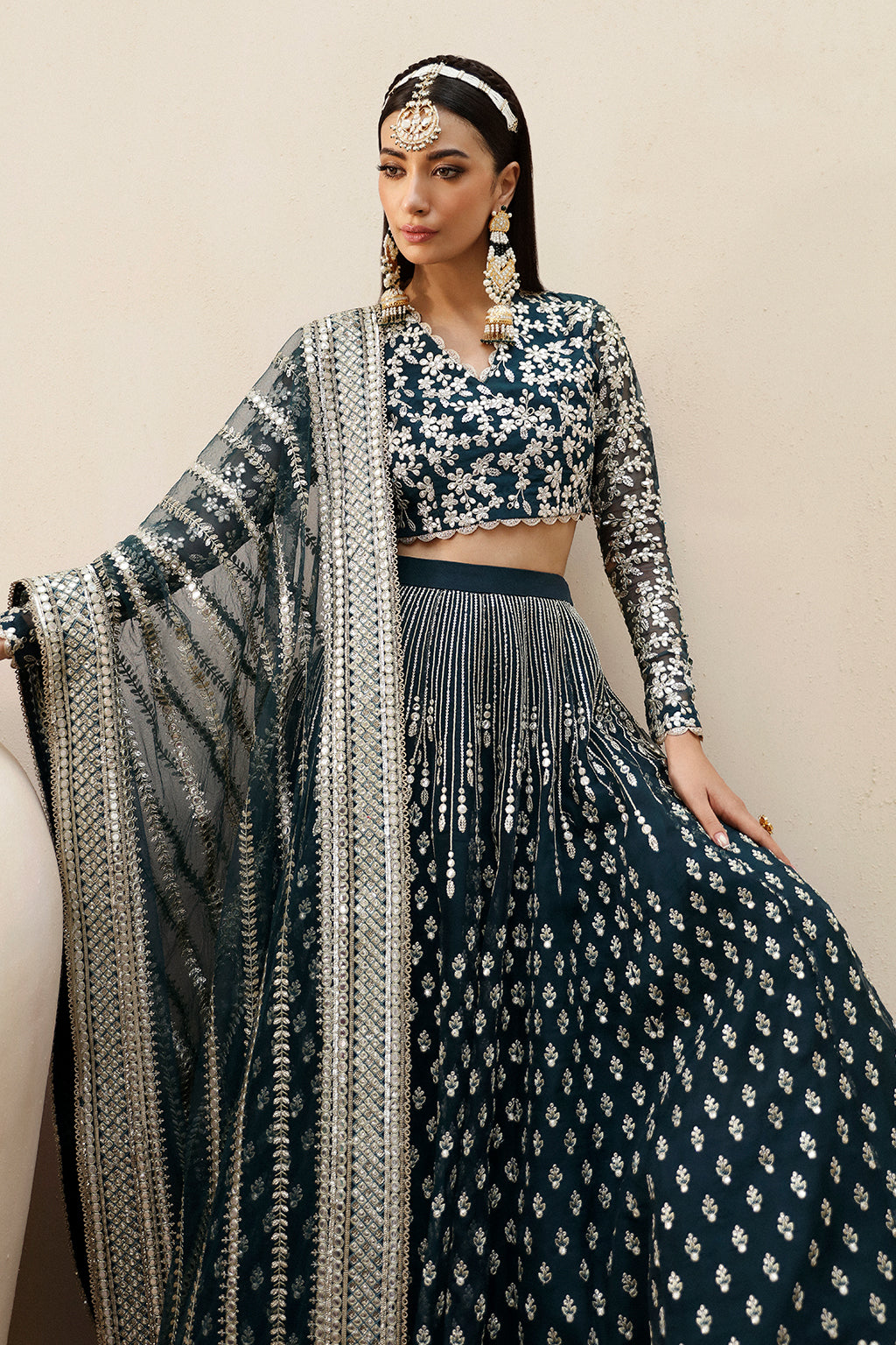 Afrozeh Shehnai Wedding Formals 24 - Teal Green Pakistani Dress with intricate embroidery and embellishments. Shop elegant Asian dresses at Maria Faisal.