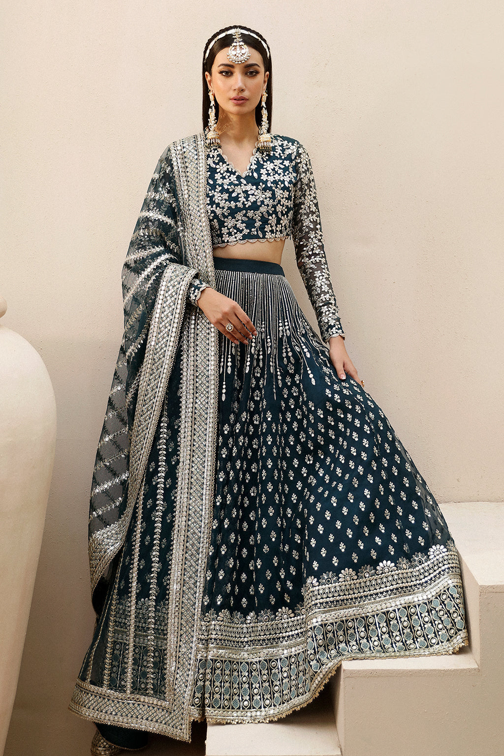 Afrozeh Shehnai Wedding Formals 24 - Teal Green Pakistani Dress with intricate embroidery and embellishments. Shop elegant Asian dresses at Maria Faisal.
