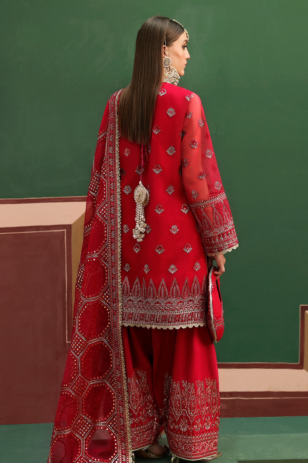 Afrozeh Shehnai Wedding Formals 24 Hoor - Burnt Red Pakistani Dress with intricate embroidery and embellishments. Shop elegant Asian dresses at Maria Faisal.