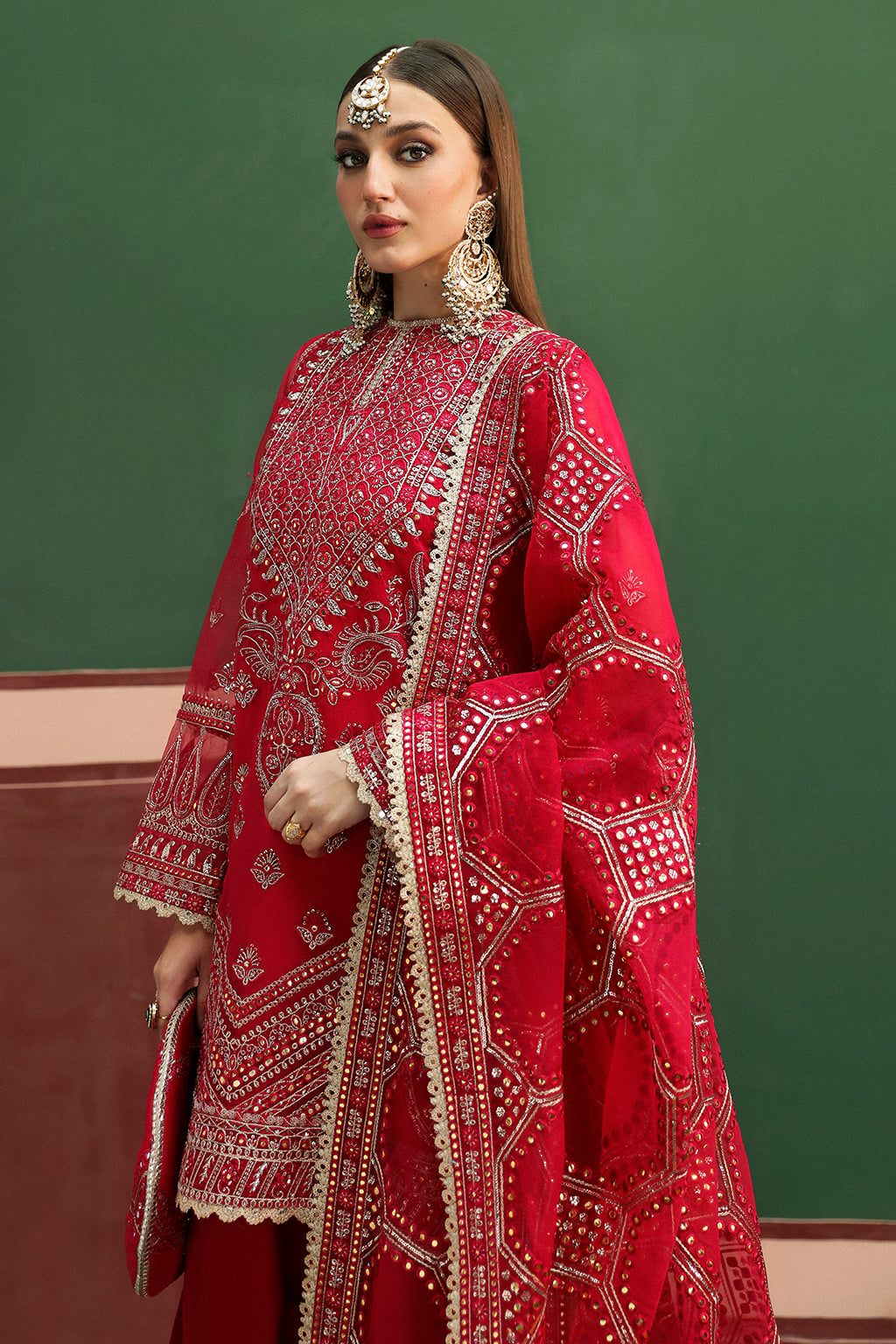 Afrozeh Shehnai Wedding Formals 24 Hoor - Burnt Red Pakistani Dress with intricate embroidery and embellishments. Shop elegant Asian dresses at Maria Faisal.