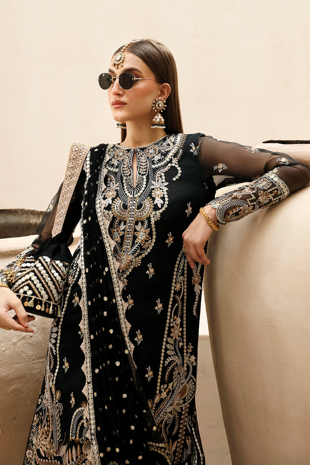 Afrozeh Shehnai Wedding Formals 24 Reshma - Black Pakistani Dress with intricate embroidery and embellishments. Shop elegant Asian dresses at Maria Faisal.