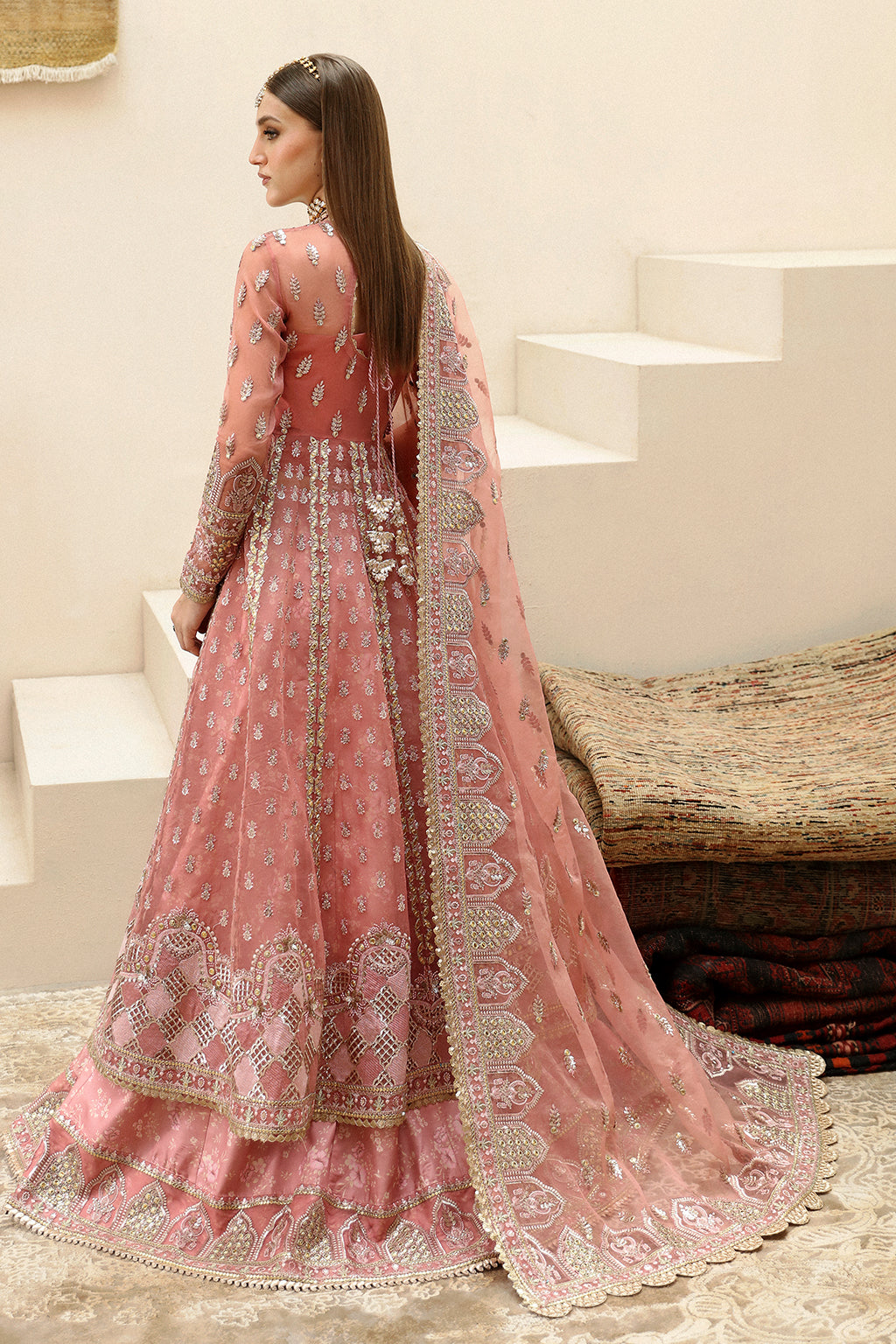Afrozeh Shehnai Wedding Formals 24 Shahpara - Tea Pink Pakistani Dress with intricate embroidery and embellishments. Shop elegant Asian dresses at Maria Faisal.
