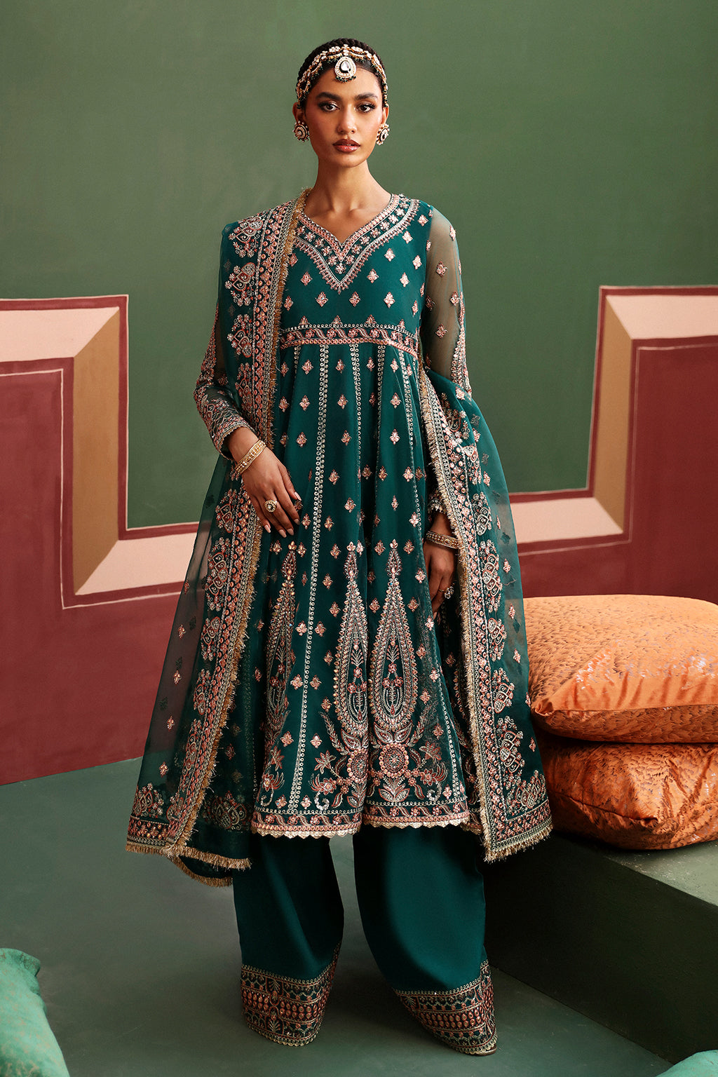 Afrozeh Shehnai Wedding Formals 24 Shaista - Dark Green Pakistani Dress with intricate embroidery and embellishments. Shop elegant Asian dresses at Maria Faisal.