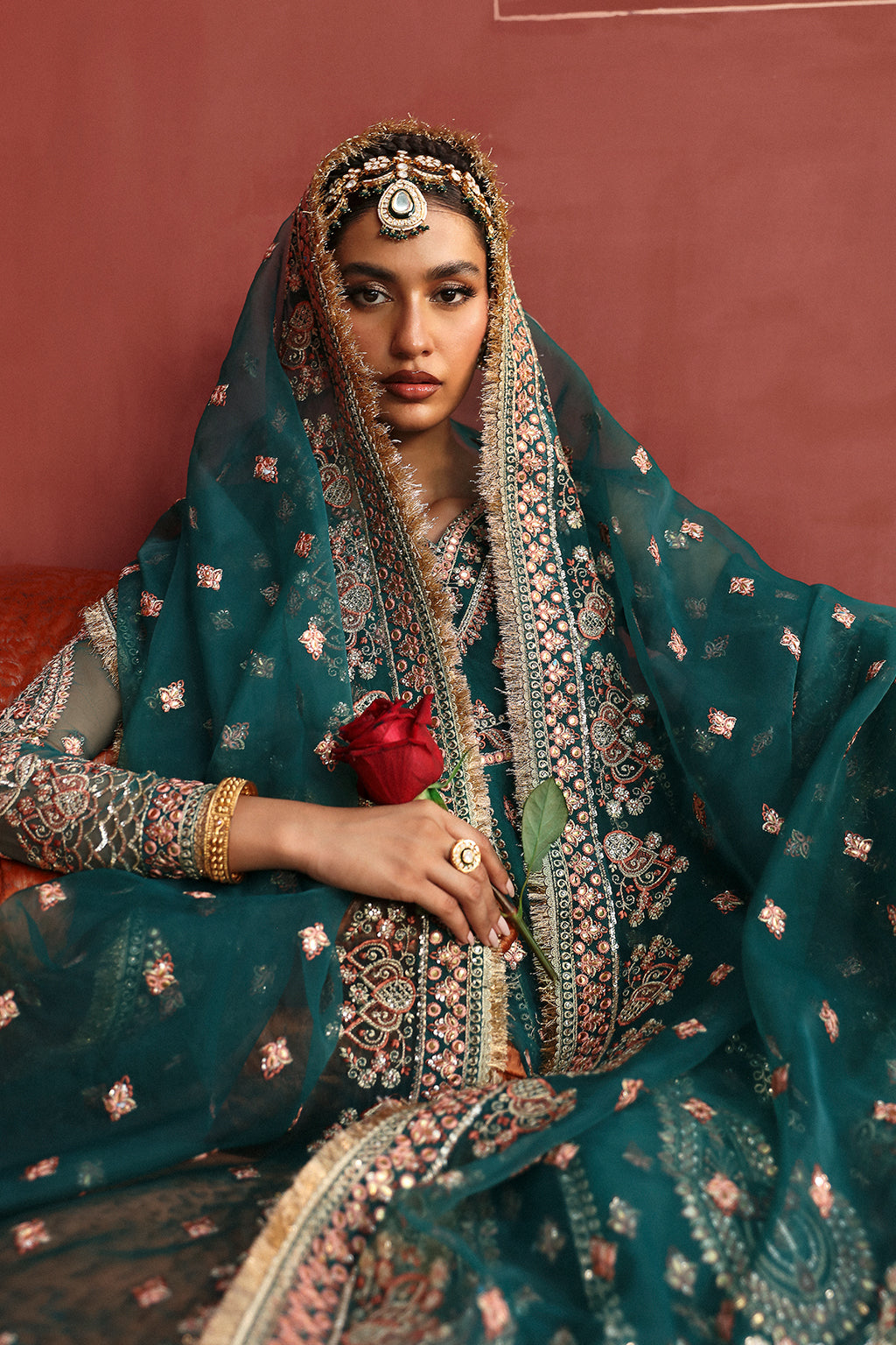 Afrozeh Shehnai Wedding Formals 24 Shaista - Dark Green Pakistani Dress with intricate embroidery and embellishments. Shop elegant Asian dresses at Maria Faisal.