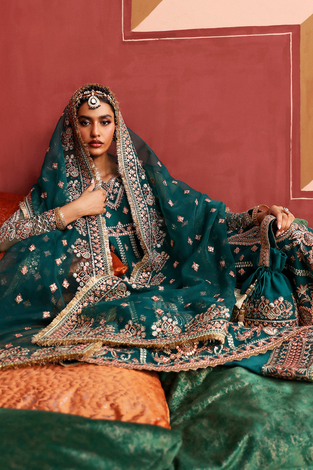 Afrozeh Shehnai Wedding Formals 24 Shaista - Dark Green Pakistani Dress with intricate embroidery and embellishments. Shop elegant Asian dresses at Maria Faisal.