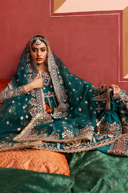 Afrozeh Shehnai Wedding Formals 24 Shaista - Dark Green Pakistani Dress with intricate embroidery and embellishments. Shop elegant Asian dresses at Maria Faisal.