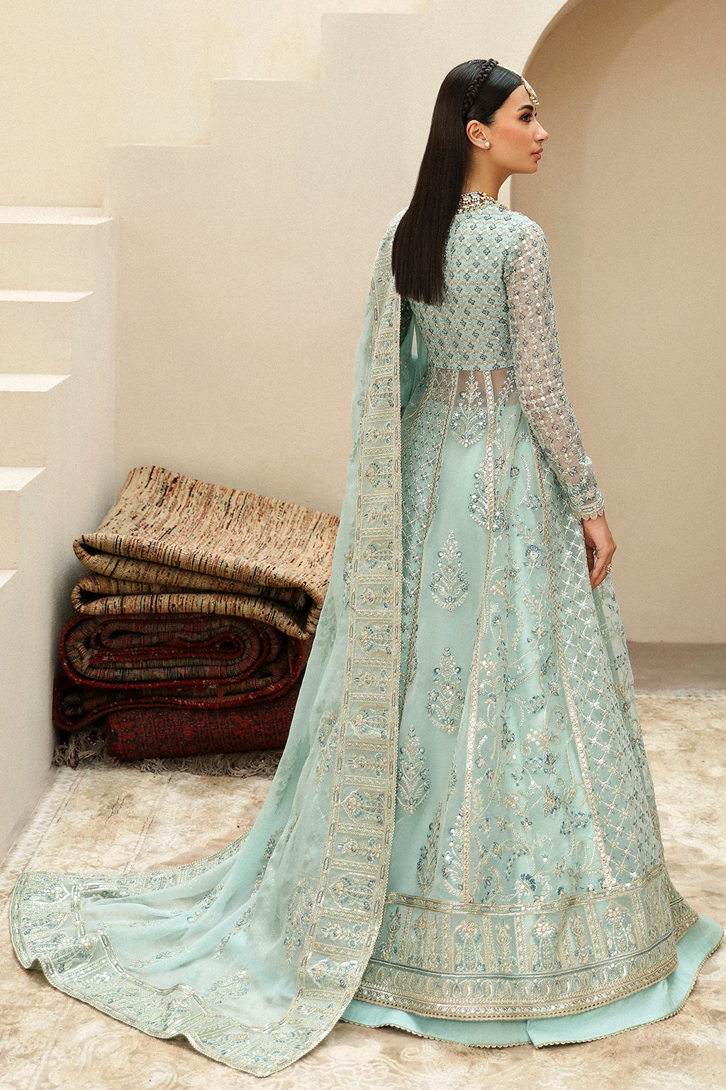 Afrozeh Shehnai Wedding Formals 24 Tazmeen - Ice Blue Pakistani Dress with intricate embroidery and embellishments. Shop elegant Asian dresses at Maria Faisal.