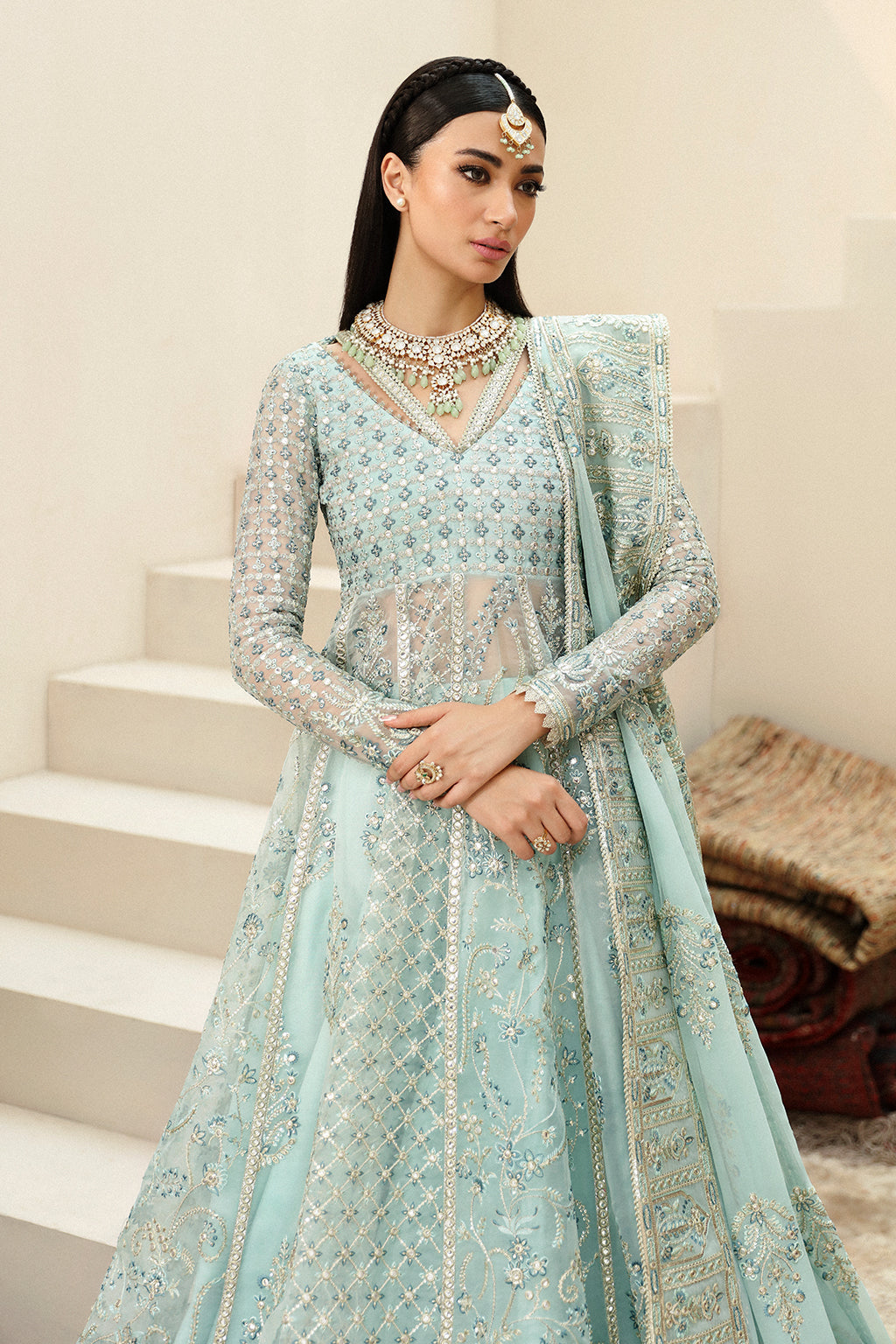 Afrozeh Shehnai Wedding Formals 24 Tazmeen - Ice Blue Pakistani Dress with intricate embroidery and embellishments. Shop elegant Asian dresses at Maria Faisal.