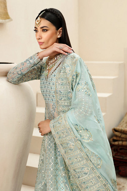 Afrozeh Shehnai Wedding Formals 24 Tazmeen - Ice Blue Pakistani Dress with intricate embroidery and embellishments. Shop elegant Asian dresses at Maria Faisal.